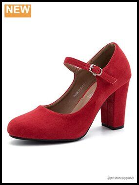 Mary Jane Pumps Closed Round Toe Block Heel Ankle Strap Buckle 3.54 Inch Heel
